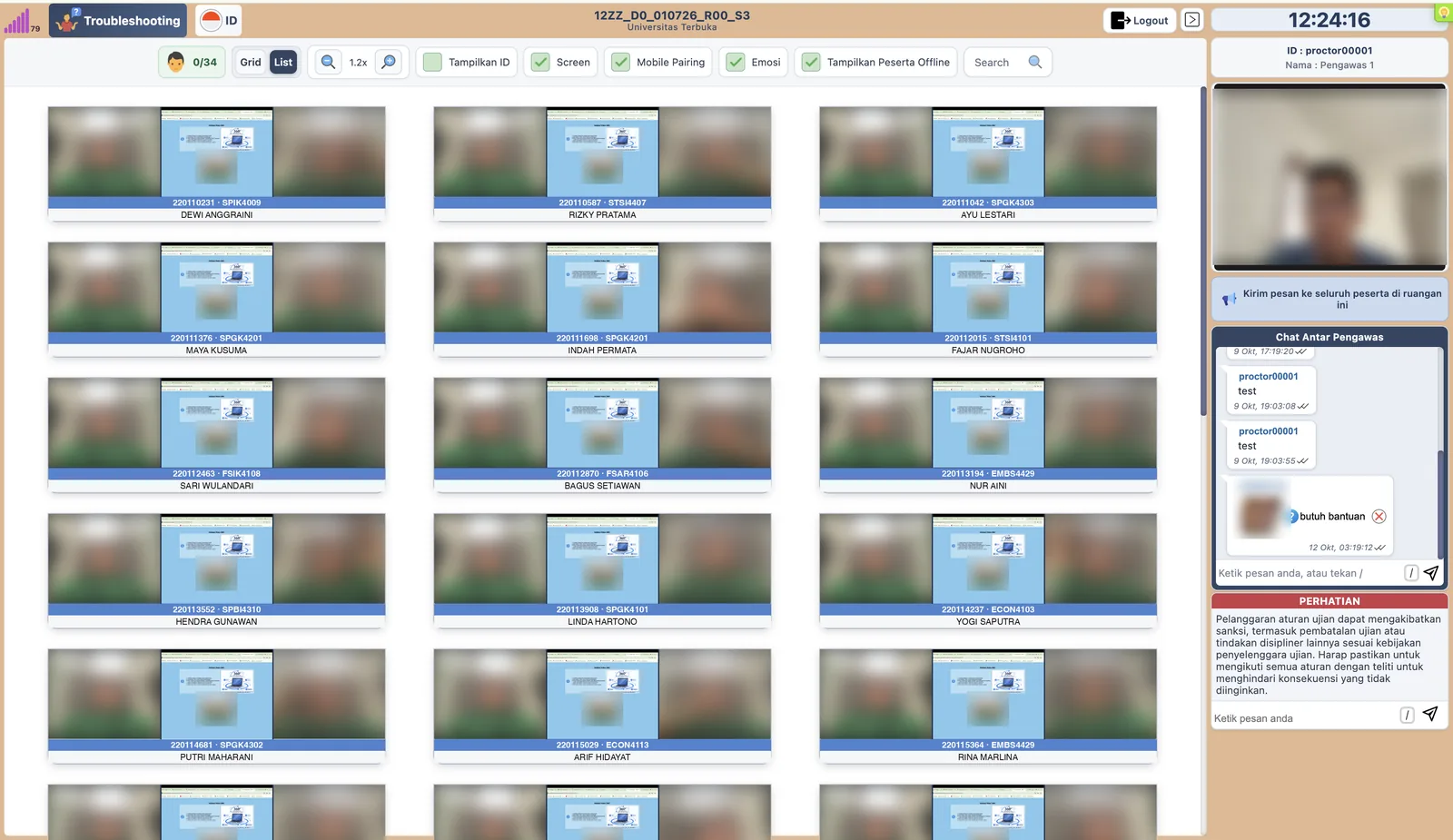 Proctor dashboard showing every participant with their webcam, screen, and mobile pairing camera side by side.